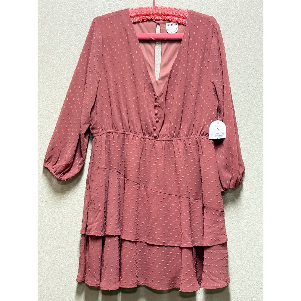 Arula Xquisite NWT Mauve Swiss Dot Tiered Mini Dress Pockets XL Pink BD6270L-AS